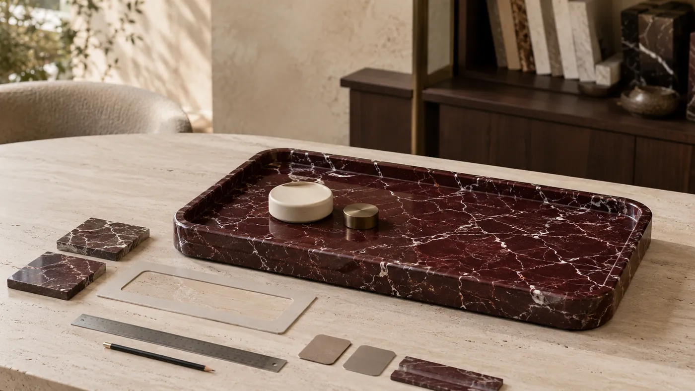 Bespoke rectangular natural-stone tray in a refined interior