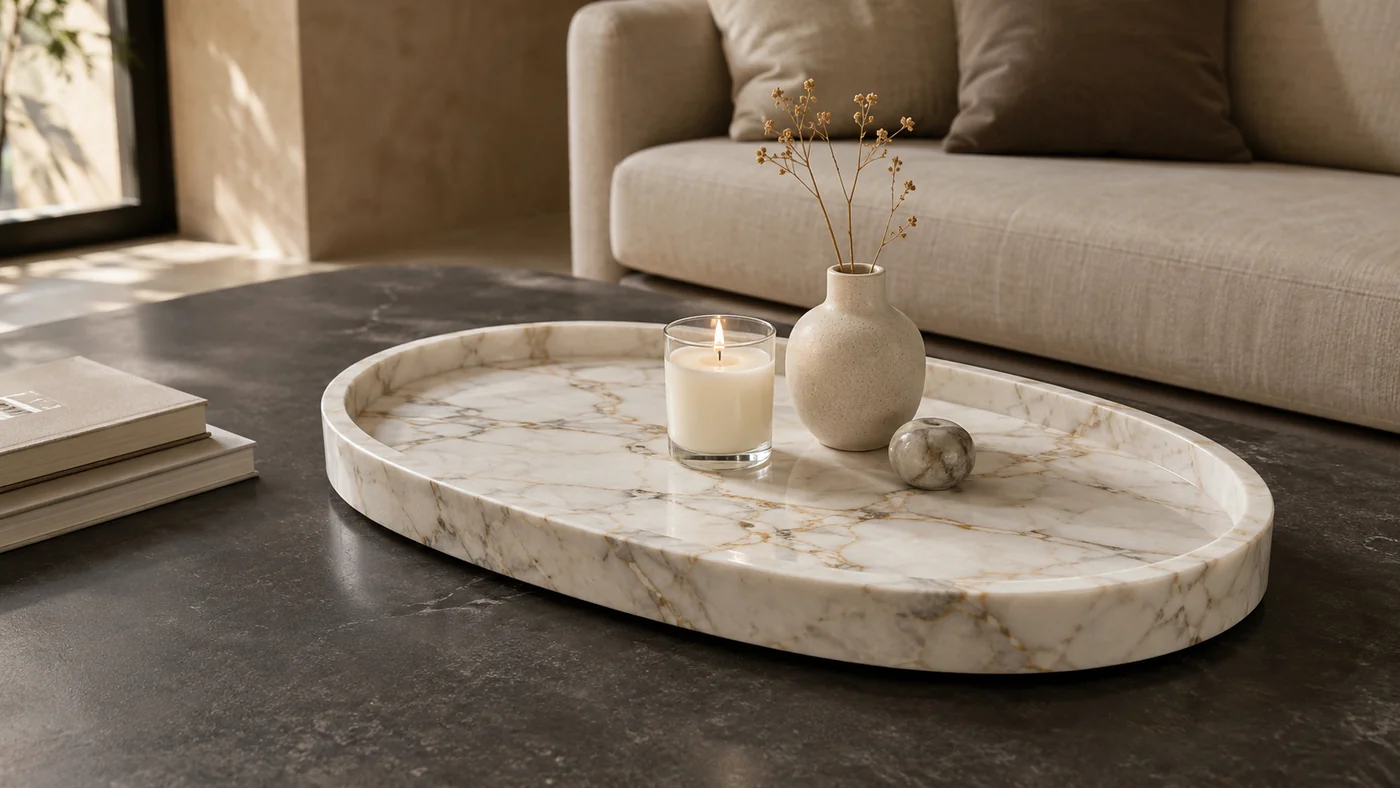 A large oval coffee table tray Calacatta Oro marble tray styled for coffee table trays