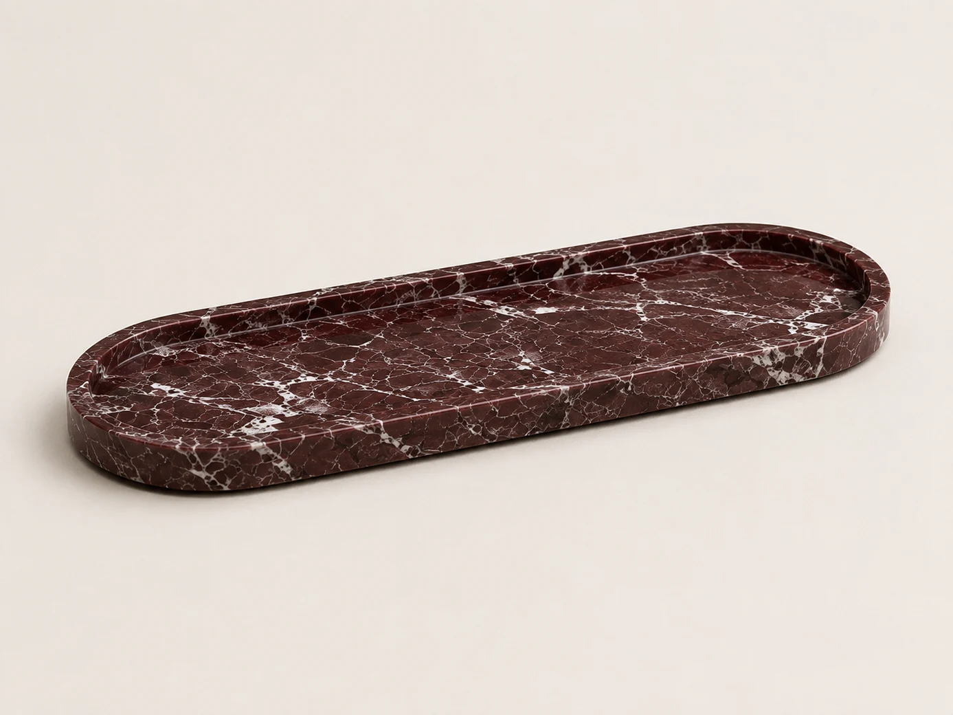 Empty long capsule coffee table tray Rosso Levanto marble tray