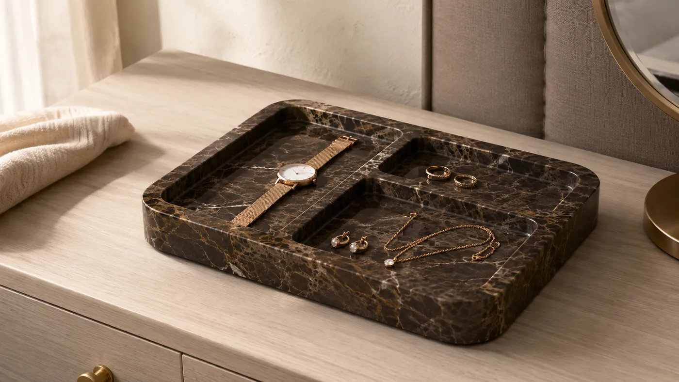 An Emperador Dark compartment jewellery tray with personal objects