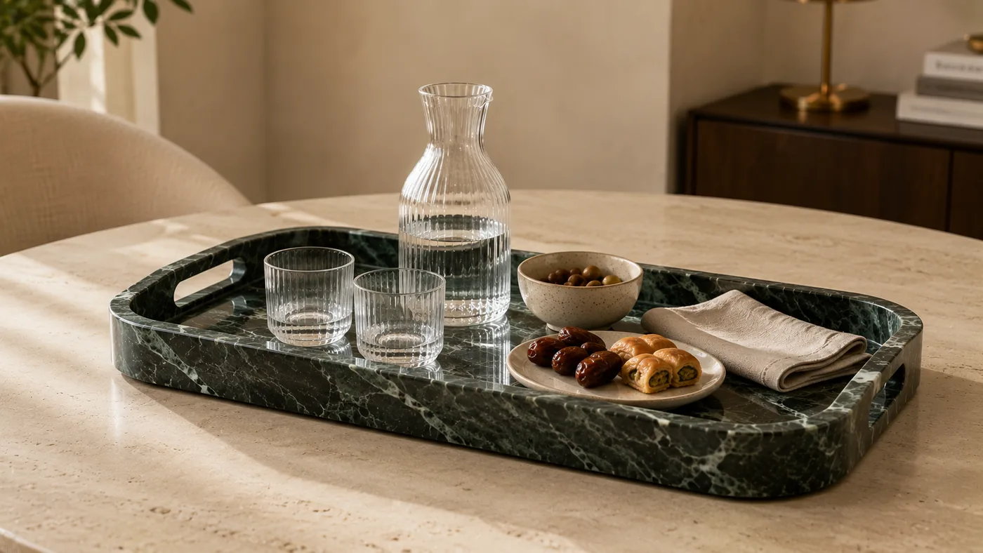Handled natural-stone tray prepared for careful delivery and use