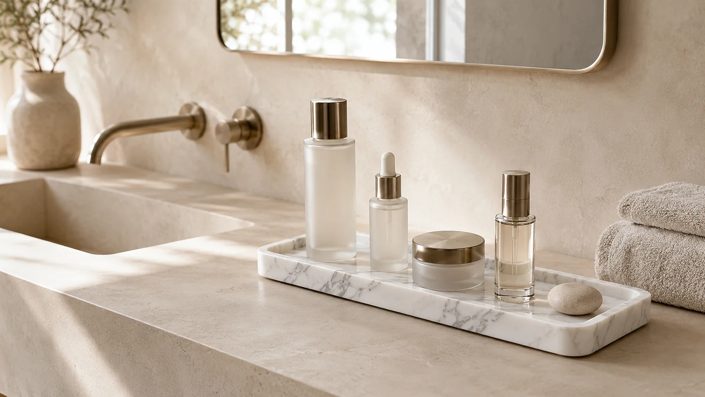 Slim Statuario marble tray arranged in a light interior