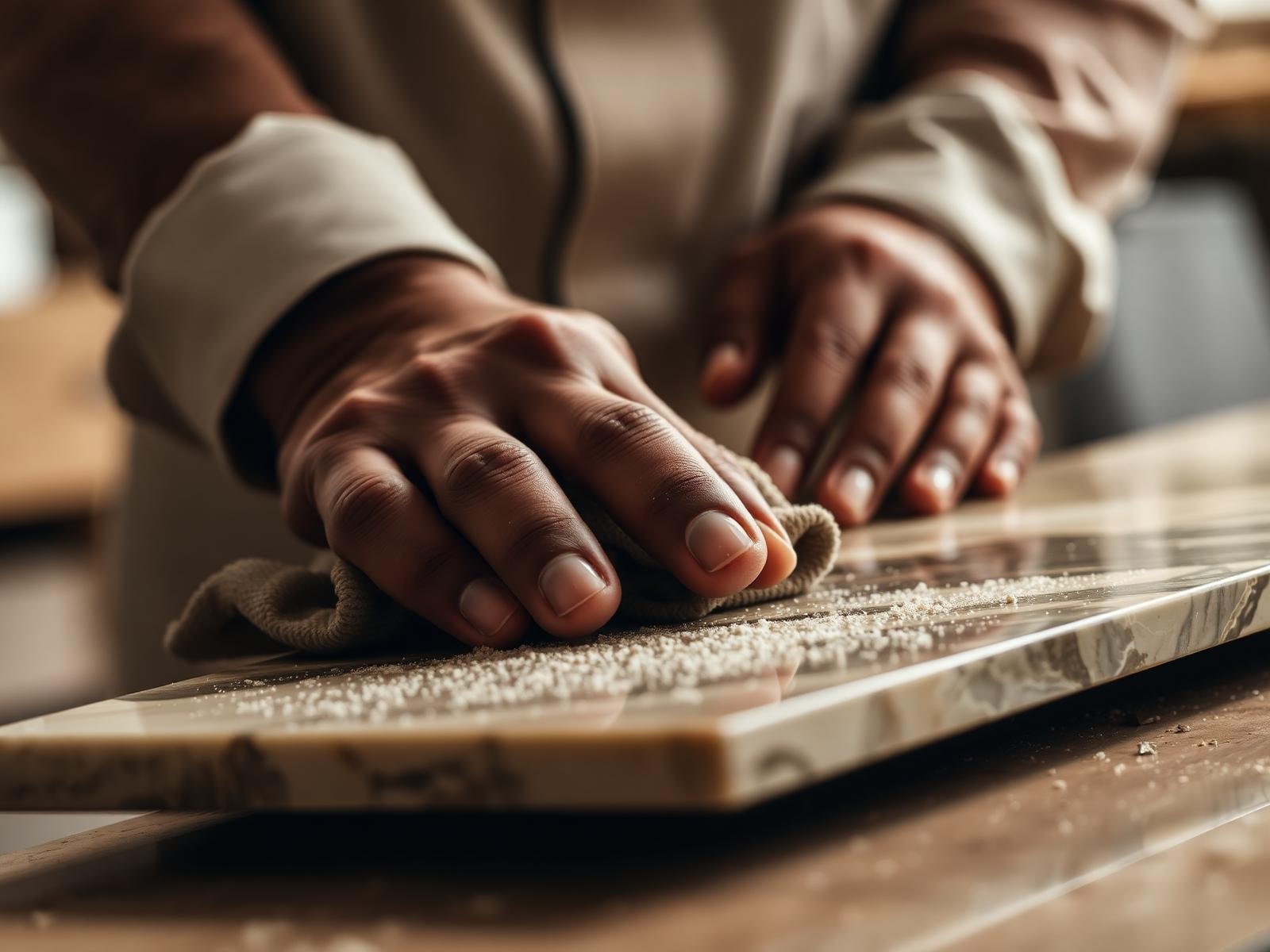 Natural stone surface being hand finished