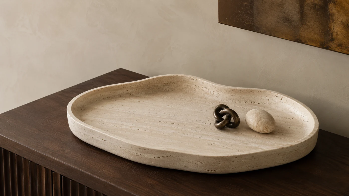 Organic ivory travertine tray displayed in a gallery-style interior