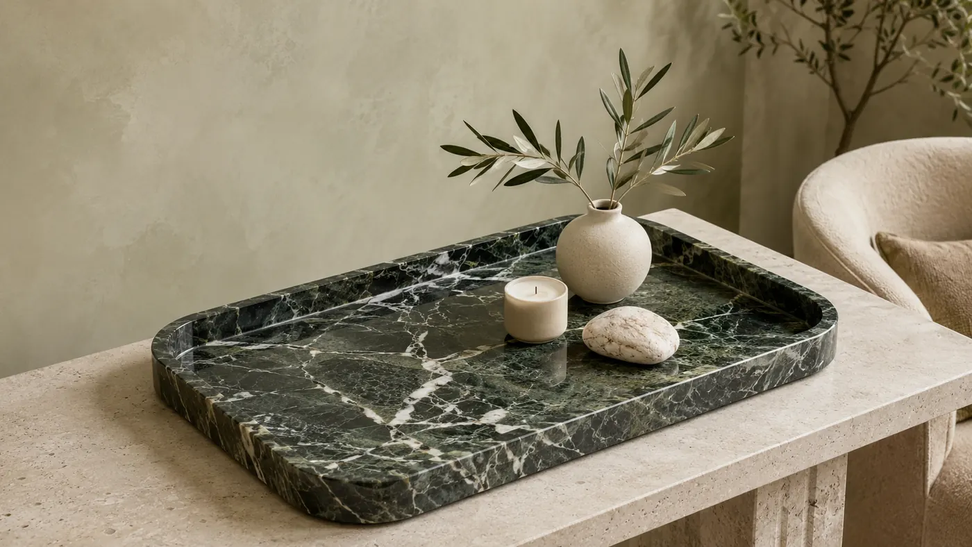 Green Verde Alpi marble tray styled on a pale stone console