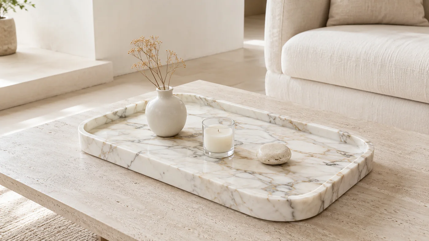 White Calacatta marble tray styled in a light contemporary living room
