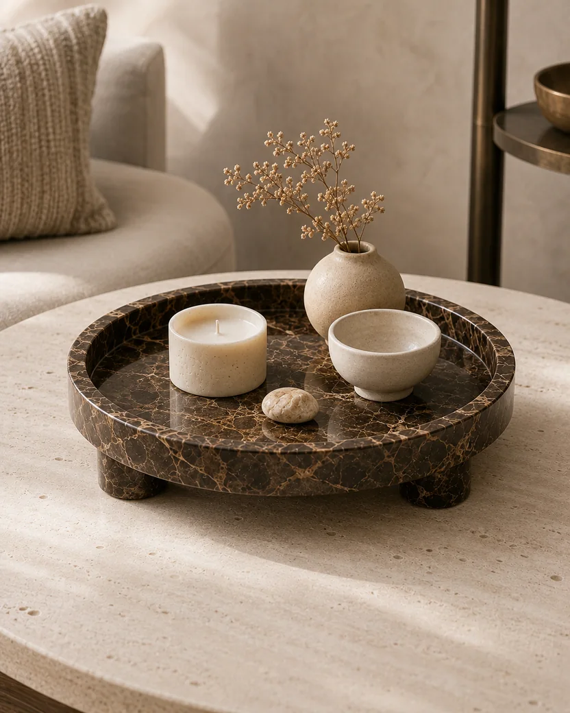 Brown Emperador Dark round marble tray elevated on three marble feet
