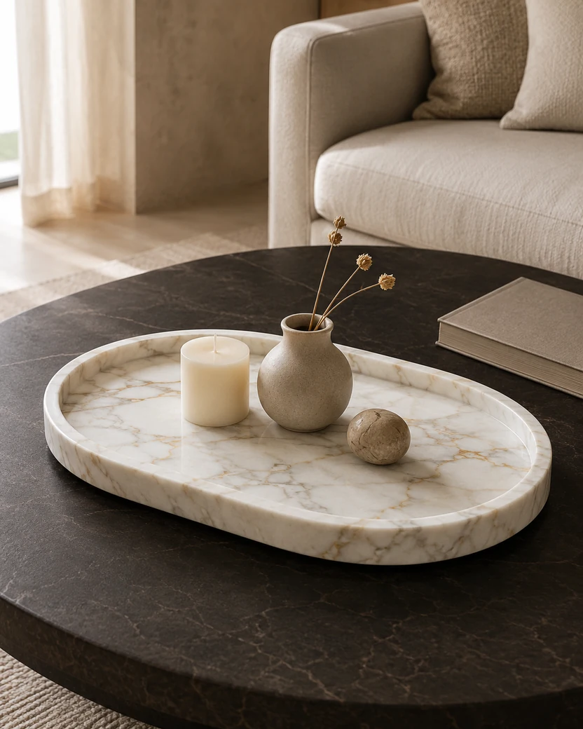 Large oval Calacatta Oro marble tray styled on a contemporary coffee table