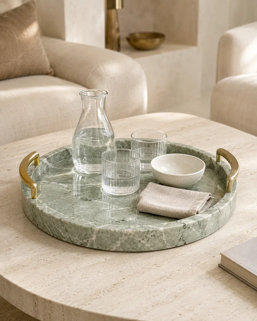 Light green round Ming Green marble tray with gold handles
