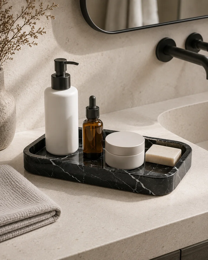 Small black Nero Marquina rectangular marble tray on a bathroom counter
