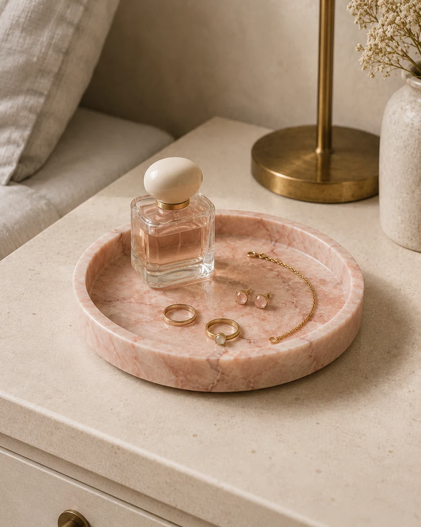 Small round Rosa Aurora pink marble tray styled for jewellery
