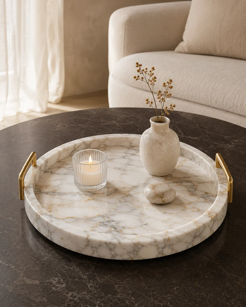 White round Calacatta marble tray with gold handles
