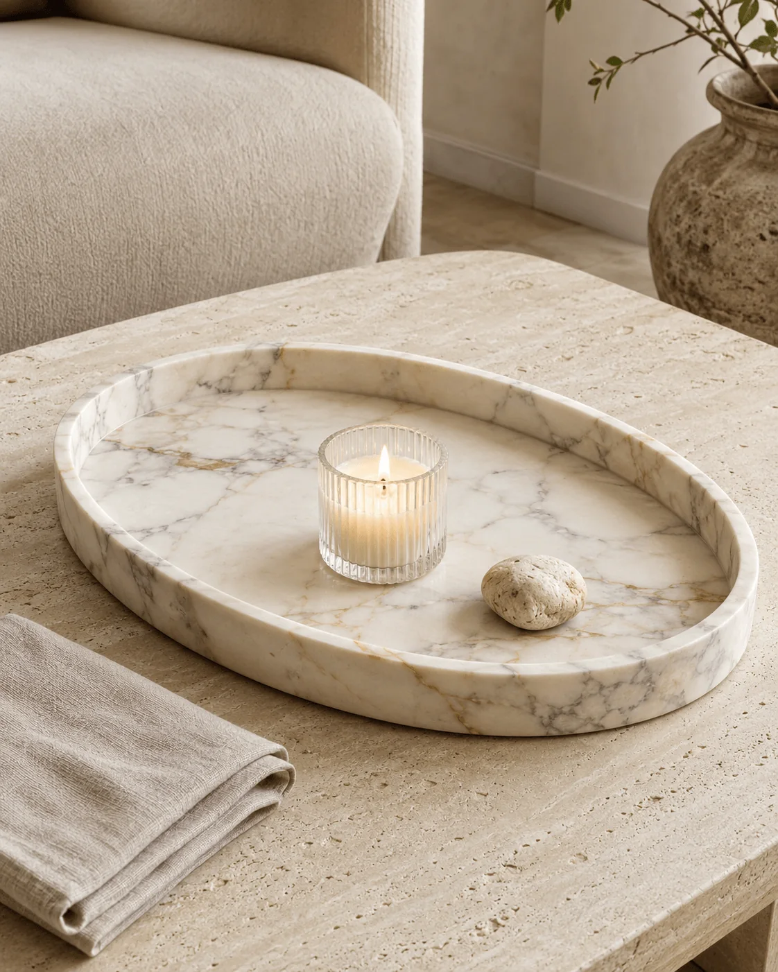 Natural-stone tray prepared for gentle cleaning and care