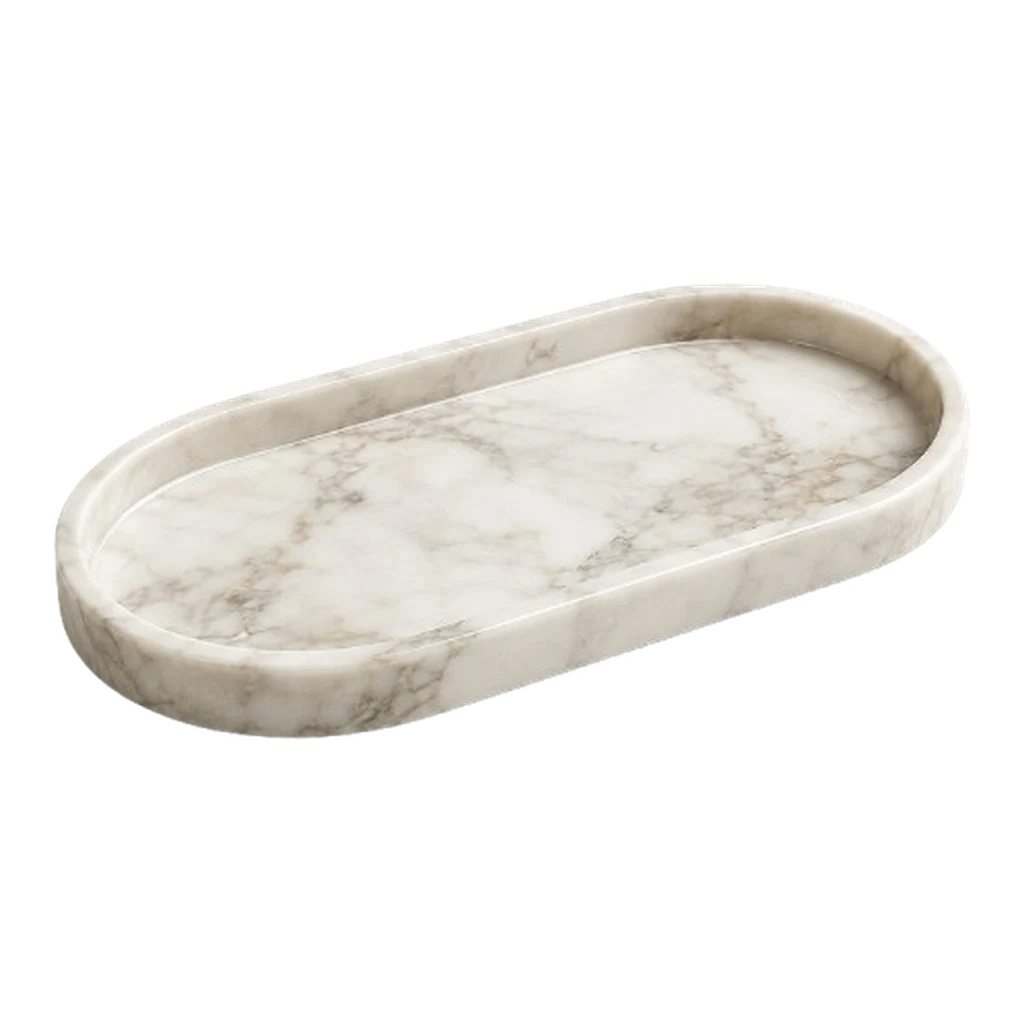 Hand-finished Calacatta marble tray with rounded edges shown in a three-quarter view
