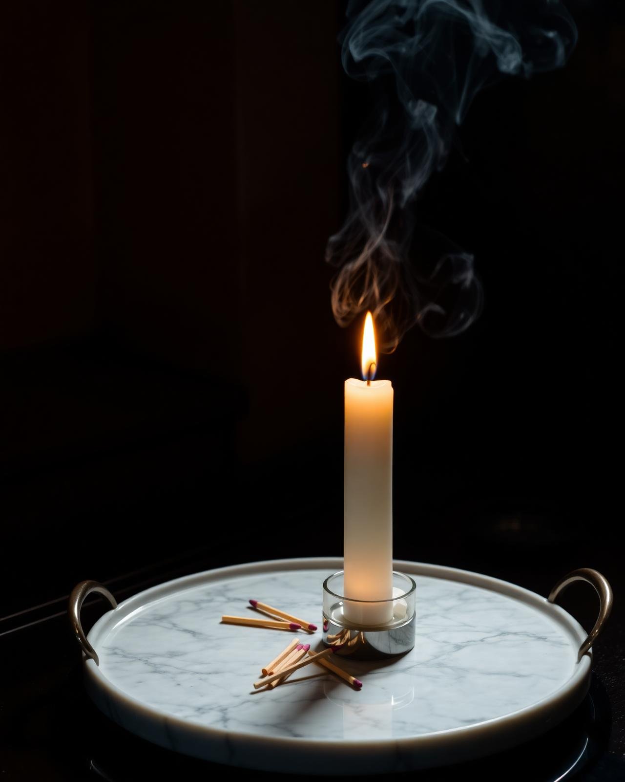 Natural-stone tray and candle in a warm refined interior