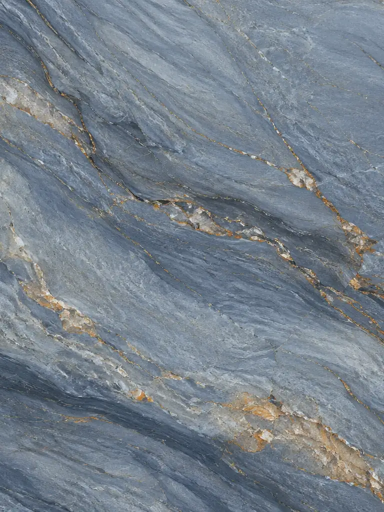 Blue-grey quartzite surface with flowing pale and gold veining