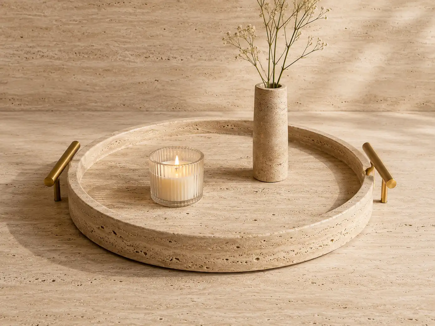 Warm beige travertine surface with layered movement